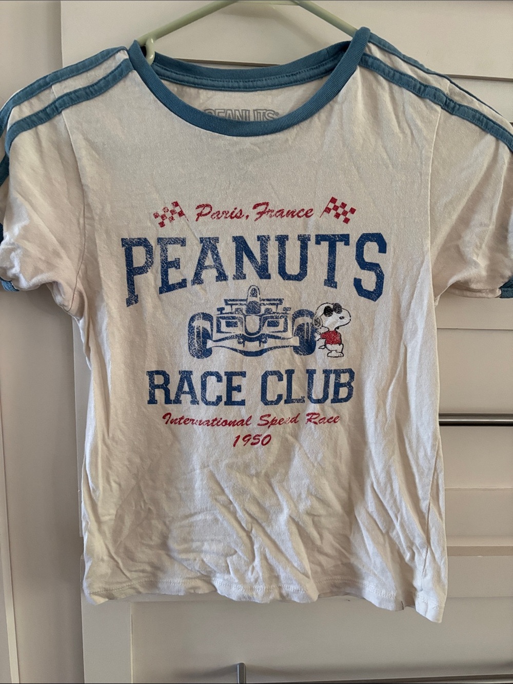 Peanuts White Tee with Blue Trim and Red Graphic